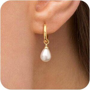 14K Gold Plated Small Pearl Drop Huggie Hoop Hypoallergenic Dainty Earrings